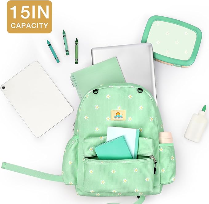 STEAMEDBUN Corduroy Kids Backpack for Girls and Boys 5-8: Girls Backpack for Elementary Kindergarten - 15 inch Cute Backpacks for Kids - Daisy