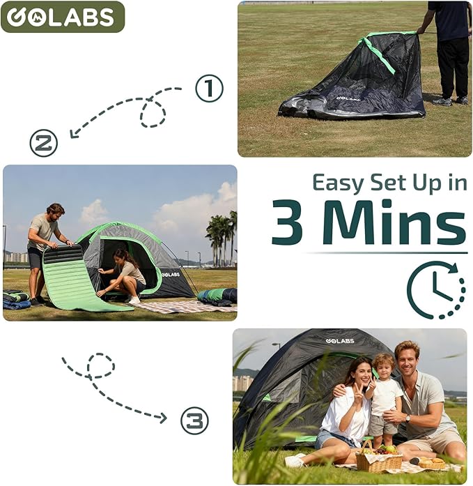 Golabs CT1 2 Person Camping Tent, Easy Set Up in 3 Mins, PU800mm Waterproof w/Mesh Top & Door with Ventilation, Lightweight 4.4lbs Portable Family Tent with Carry Bag &Interior Storage Pockets &Hook