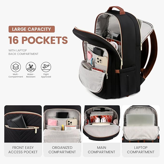LOVEVOOK Laptop Backpack for Women 17.3 inch,Cute Womens Travel Backpack Purse,Professional Laptop Computer Bag,Waterproof Work Business College Teacher Bag Carry on Backpack with USB Port,Black Brown