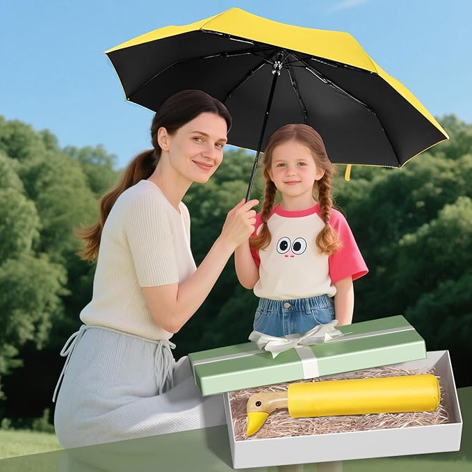 Compact Small Umbrellas for Rain&Sun, Cute Design Duck Head Umbrella for Girls Gifts, 8 Ribs Folding Umbrella with Wooden Handle