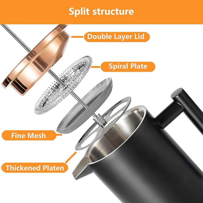 Small French Press Coffee Maker 350ml/12oz, Black Stainless Steel Double-Wall Insulated, Included 2 Extra Filters and 1 Coffee Spoon (1 Cup)