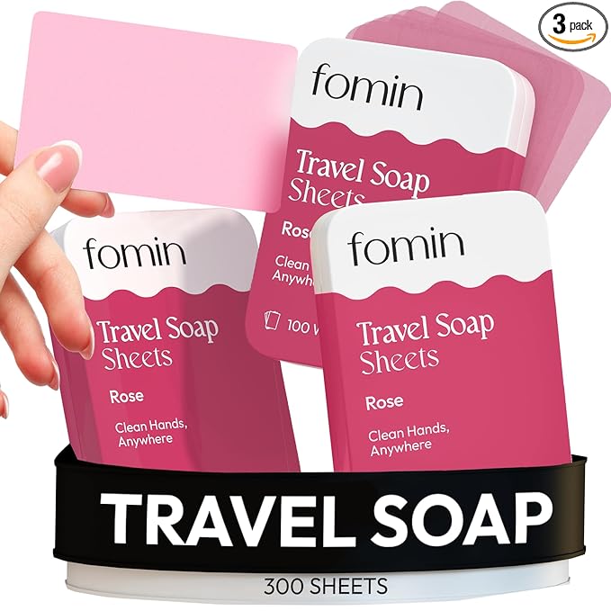 FOMIN - Antibacterial Paper Soap Sheets Tin for Traveling - 3 Pack Rose - Portable Travel Hand Soap Sheet, Dissolvable Mini Camping Hand Soap for Hand Washing