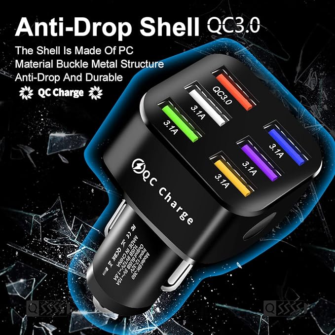 Amiss Car Charger Adapter, 6 USB Multi Port, Fast Charger, Include QC 3.0 and 5 Other Ports, Car Interior Accessories, Fit for iPhone 17/16/15/14/13Pro Max, Samsung, Android (Bright Black)