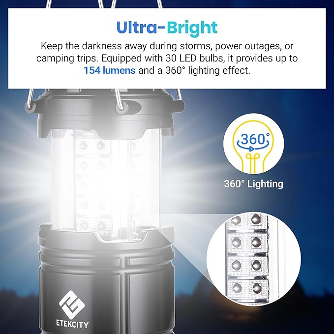 Etekcity Lantern Camping Essentials Lights, Led Flashlight for Power Outages, Battery Operated Lamp for Emergencies, Survival Gear, Hurricane Preparedness Items, Water Resistant, 2 Pack, Black