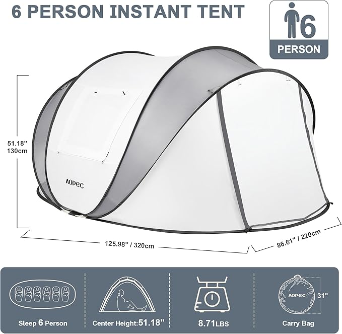 Pop Up Camping Tent, 2/4/6 Person Instant Tent Waterproof PU4500mm, Spacious Ventilated Camping Tent with Front Porch, Quick Setup Lightweight Portable for Outdoor Camping Hiking Beach