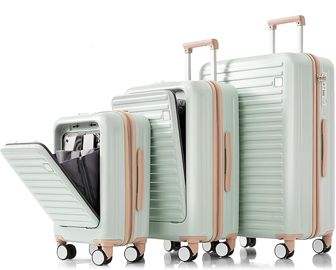 Merax 3 Piece Luggage Set Spinner Hardshell Lightweight TSA Lock and USB Port, Cup Holder, 20inch or 24inch with Front Opening Design, Light Green