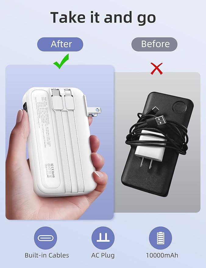 RORRY Portable Charger Built in Cables, AC Wall Plug In Portable Charger Power Bank 10000mAh Travel Battery Pack 22.5W Fast Charging for iPhone 17/16/15 Samsung Galaxy S25/S24/S23 Pixel LG iPad, White