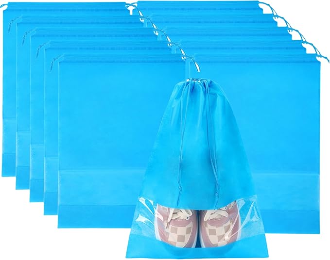 10 Pack Shoe Bags for Travel, Large Travel Shoe Bags for Packing with Clear Window, Non-Woven Dustproof Drawstring Travel Shoe Storage Bag Travel Essentials for Men & Women (10 Pack, Sky Blue)