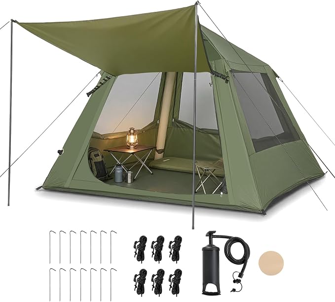 VINGLI Inflatable Camping Tent, All-Weather Inflatable Hot Tents with Stove Jack, Blow Up Tent for Camping with Mesh Doors & Windows, Inflatable Air Tents for Camping Adult
