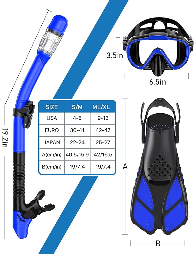 Ubekezele Snorkeling Gear for Adults Men Women,4 in 1 Snorkel Set with Panoramic View Diving Mask Anti-Fog Anti-Leak,Dry Top Snorkel,Fins and Travel Bag for Swimming,Snorkeling and Travel Diving