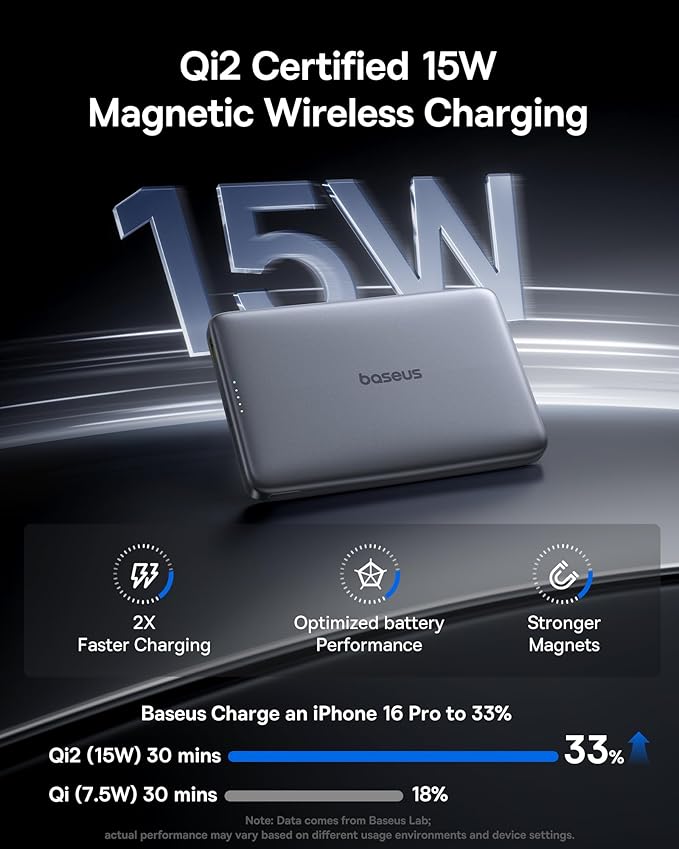 Baseus Picogo Magsafe Portable Charger for MagSafe Portable Charger Qi2 Certified 15W Wireless Magnetic Power Bank 10000mAh with USB-C Cable