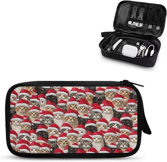 Christmas Cat Print Electronics Organizer Travel Case, Water Resistant Cable Organizer Bag for Travel Essentials, Tech Gifts for Men, Storage Bag as Accessories for Phone, Cord