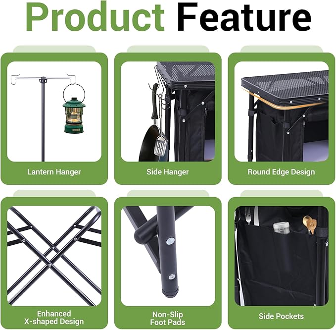 Nice C Camping Kitchen Station, Camping Table, Picnic Table, Portable Grill Table, Folding Cook Table, Upgrade Light Stand and Windshield Station & Organizers, Carry Bag for Beach, Picnic (Black)
