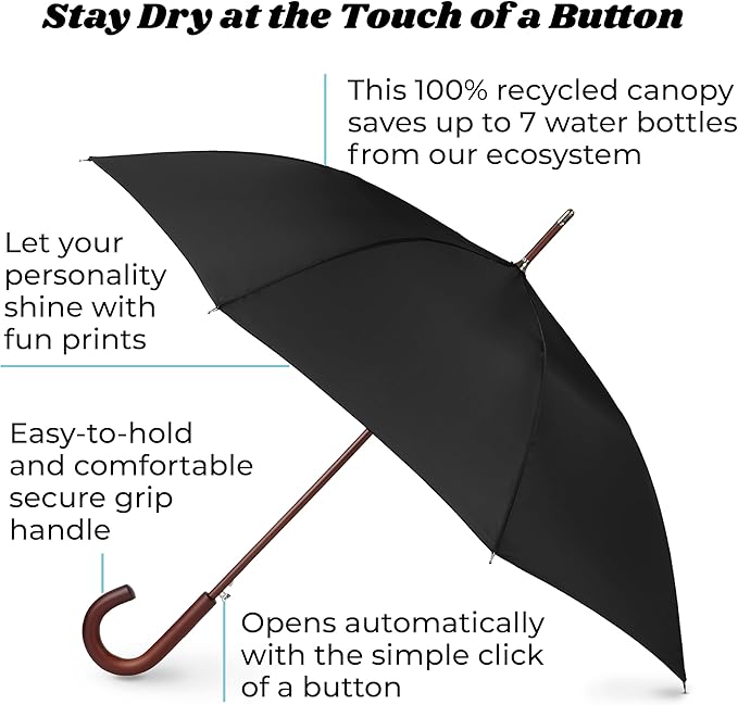 Totes Auto Open Water Repellent Stick Umbrella with Classic Wood J Hook Handle