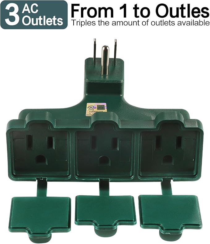 3-Prong Grounded Outdoor Wall Adapter, UL Listed Outlet Splitter, Weatherproof Heavy Duty Multi Power Plug Extender with Dust-Proof Cover, Green (2 Pack)