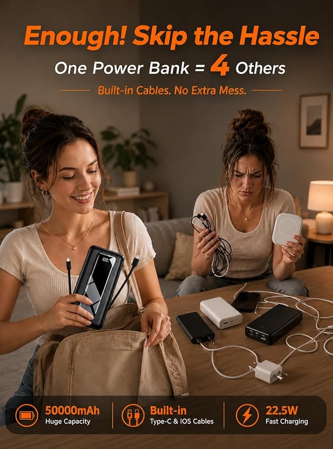 Power Bank, 50000mAh Portable Charger, Travel Camping Essential Battery Pack with Built-in Cables, PD 22.5W Fast Charging, Large Capacity Portable Phone Charger, Jet Black