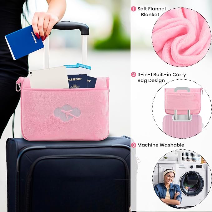 Blanket Pillow for Airplane Travel Essentials - 3 In 1 Travel Blanket and Pillow Set for Women Gifts, Plane Compact with Bag for Long Flight, International Traveler Must Haves Flying Accessories（Pink）