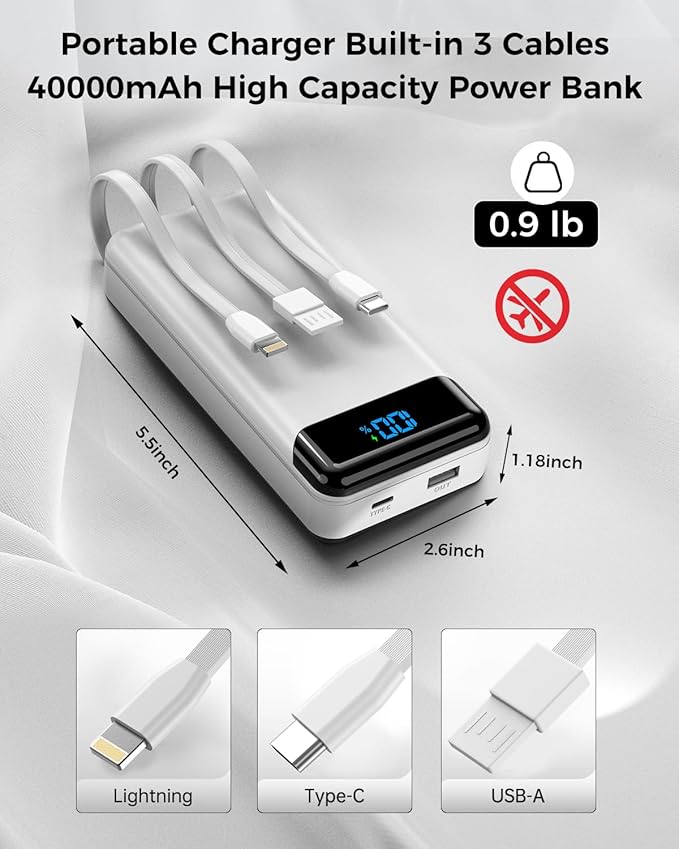 Portable Charger 40000mAh Power Bank - PD 22.5W Fast Charging Battery Pack, Built-in Cable Phone Charger 4 Output 3 Input, Compatible with iPhone 17 16 15 14 Android Samsung