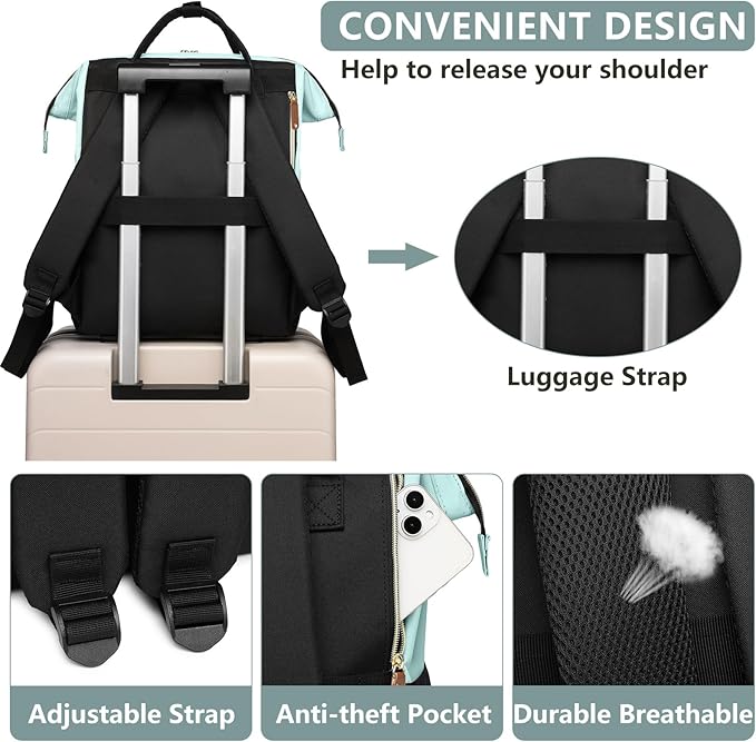 Laptop Backpack for Womem Work Bags: 15.6 Inch Travel BackPacks With USB Charging Port Durable Back Pack Anti Theft Fashion College BookBag Purse Bussiness Daypack for Nurse Teacher Light Blue Black