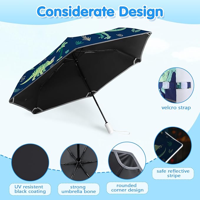 Kids Folding Umbrella Auto Open/Close Umbrellas for Rain Round Corner Safe Design UV Resistant Automatic Children Travel Umbrellas Reinforced Canopy 360° Reflective Strip Lightweight for Girls & Boys