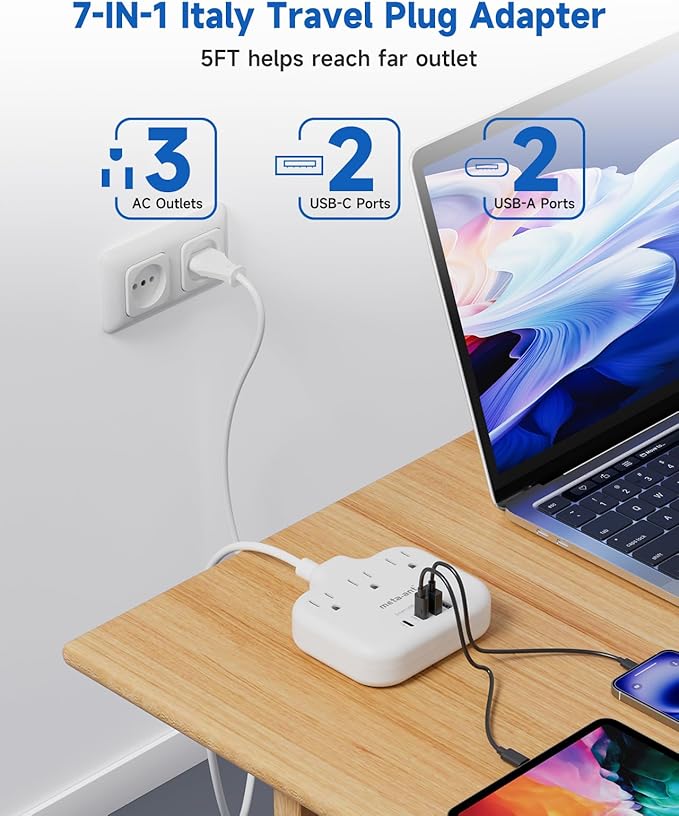 Italy Travel Plug Adapter with 3FT Extension Cord, meta-ant Italy Power Adapter with 3 American Outlets 4 USB Ports(2 USB-C), Type L Adapter for US to Italy Chile Ethiopia Libya Syria Tunisia Uruguay