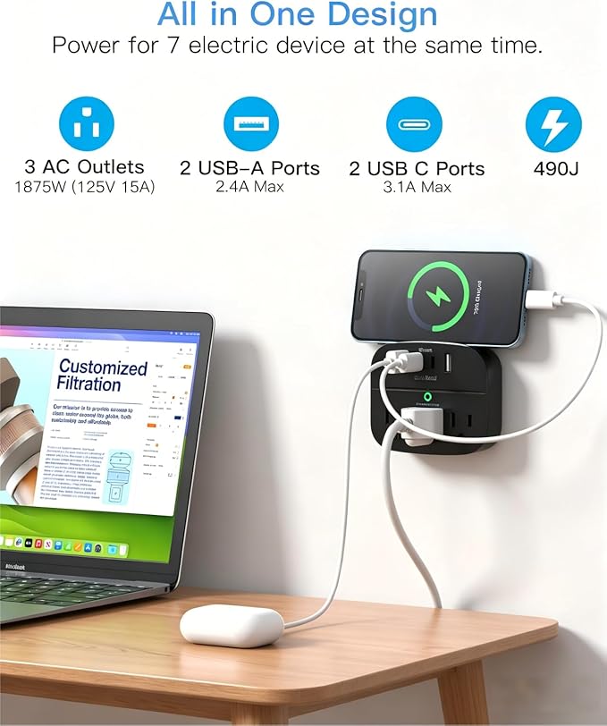 2 Pack Multi Plug Outlet Splitter, 490J Surge Protector Outlet Extender with 3 AC Outlets and 4 USB Wall Charger (2 USB C Ports), Small Adapter for Dorm Room and Travel Essentials, ETL Listed, Black