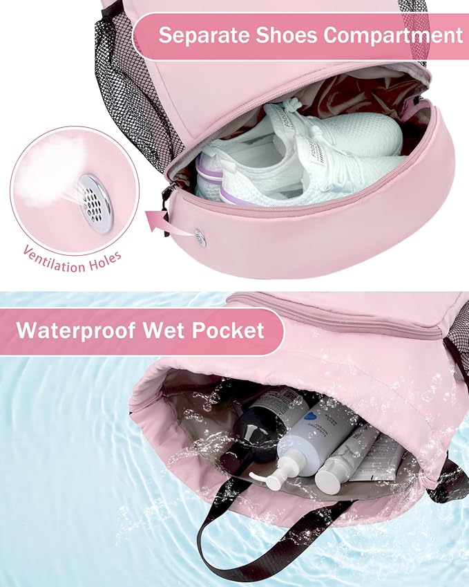 RHDZO Drawstring Backpack Gym Backpack with Shoe Compartment for Men Women String Sports Bag with Wet Pocket Cinch Swim Beach Bag, Large Pink
