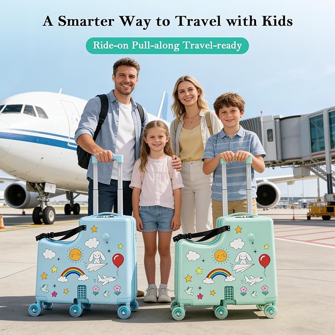Ride-On Suitcase for Kids Carry On Luggage, Hard Shell Kids Travel Suitcase with 6 Spinner Wheels, TSA Lock, Safety Belt, Foldable Pedal & Cup Holder, Kids Riding Luggage, Green