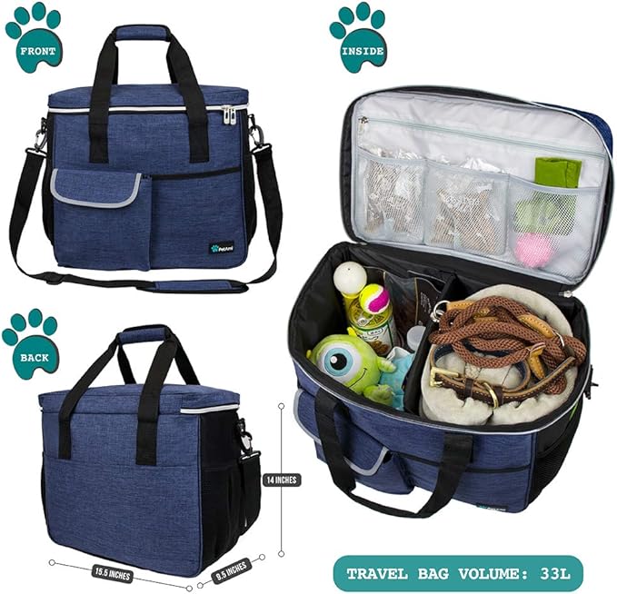 PetAmi Dog Travel Bag, Travel Pet Bag Organizer, Dog Food Travel Bag with Container Collapsible Bowls, Pet Travel Supplies Gift Accessories for Weekend Camping, Puppy Cat Diaper Bag, Navy Blue Large
