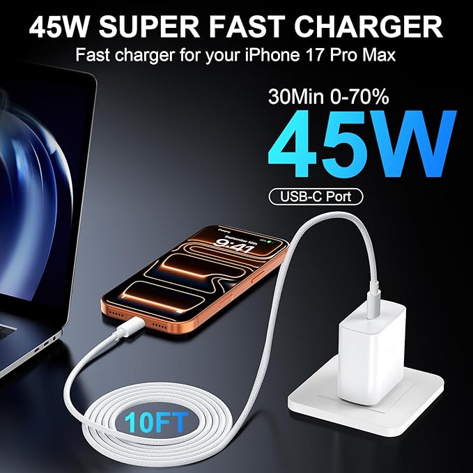 Phone 17 16 Pro Max Charger Fast Charging, 45W USB C Phone 17 16 Super Fast Charger Block with 10ft Long Type C Charging Cable Cord for i.Phone 17 Pro Max/17 Pro/17 Air/17/16/16Pro-Braided
