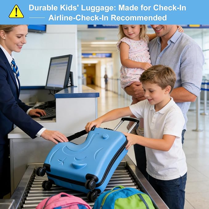 22 Inch Kid Ride Suitcase, Kid Luggage Seat Ride With Lock - Kids Travel Trolley With Safety Belt, Luggage For Kids Airplane Travel,Suitcase To Aged 1-6 Years Old,ABS+PC(Blue)