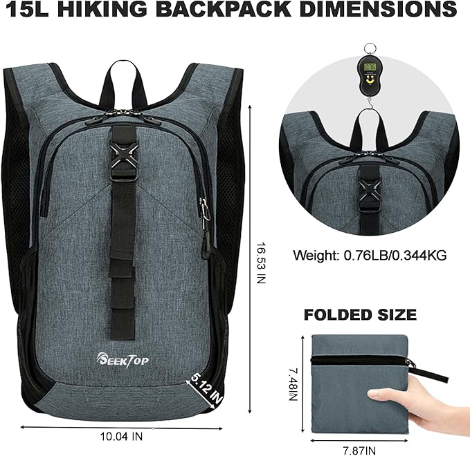 Seektop 15L Small Hiking Backpack for Women Men, Lightweight Hiking Packable Daypack with Phone Pocket for Travel Camping (Grey, 15L)