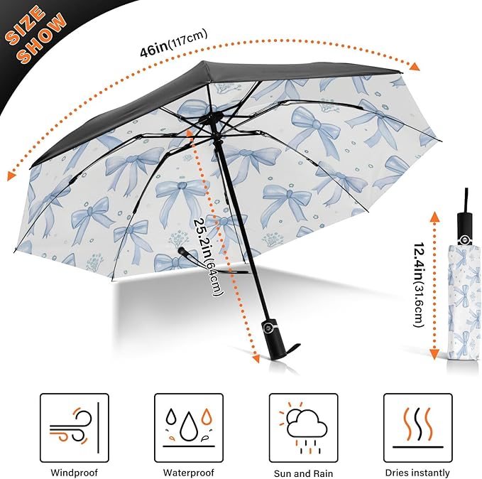 Automatic Folding Umbrella for Rain, Light Blue Bows Travel Umbrella UV Protection Large Windproof Inverted Umbrella with Cover Bag, 8 Ribs