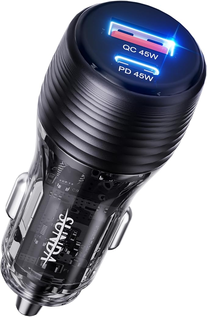 SUNDA 90W USB C Fast Car Charger, 2-Port Adapter, PD45W/QC45W QC 3.0 for iPhone 17/16 Pro/Max/iPhone 15/Laptop/Galaxy/Samsung S25/S24 (Black)