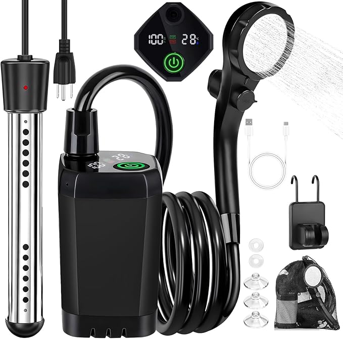 Portable Camping Shower with Heater, 6000mAh Rechargeable Portable Shower with 2000W Immersion Heater, LED Display, Heated Camping Shower for Travel, Hiking, Car, Pet