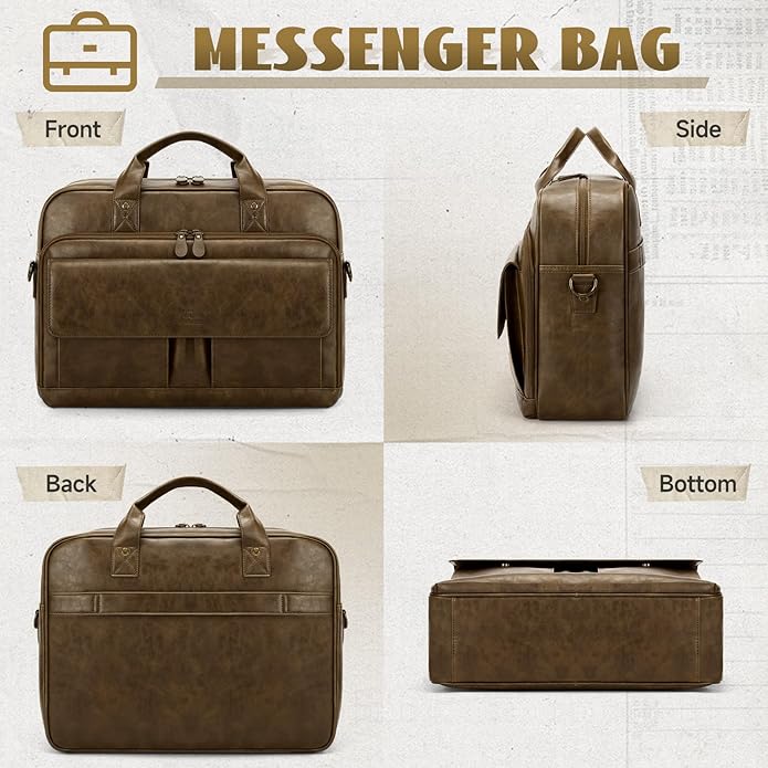 RAINSMORE Mens Laptop Bag PU Leather Messenger Bag 15.6 Inch Briefcase Vintage Computer Satchel Bag for Work Business