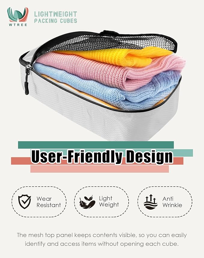 WTREE 4-Piece Packing Cubes Travel Accessories Set for Suitcases - Luggage Organizer Bags with Double Zipper - Mesh Top - Small - Beige