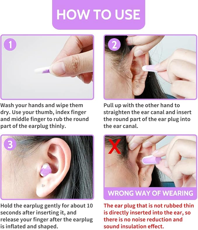 LYSIAN Ultra Soft Foam Ear Plugs Sleeping-Noise Cancelling Earplugs 38dB SNR - Sleep Ear Plugs Noise Reduction for Snoring, Mowing, Shooting Sound Block,Double Color Purple/White