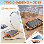 Solar Power Bank 20,000mAh, Portable Phone Charger, 4 Cables Outdoor Waterproof External Backup Power Charger with USB-C for Cell Phones, Solar Battery Pack with Dual Flashlight for Camping
