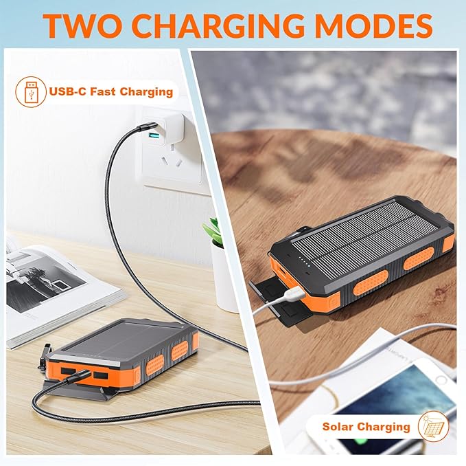 Solar Power Bank 20,000mAh, Portable Phone Charger, 4 Cables Outdoor Waterproof External Backup Power Charger with USB-C for Cell Phones, Solar Battery Pack with Dual Flashlight for Camping
