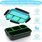 QQKO Bento Box for Kids Adults, School Toddler Lunch Box for Boys Girls, Lunch Box Containers with 4 Compartments, Sauce Container, Utensils, Food Picks and Muffin Cups for School, Black Blue