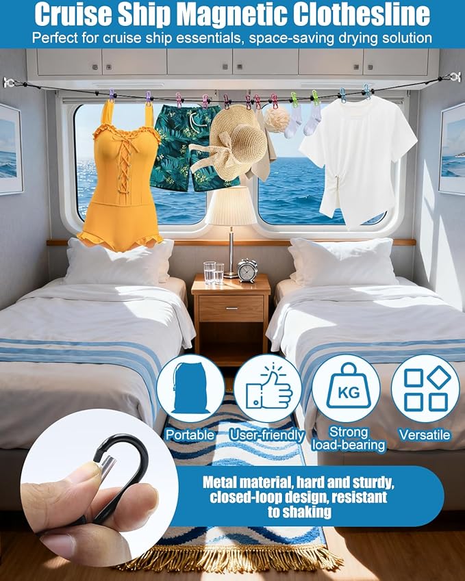 Magnetic Retractable Clothesline for Cruise Ship, 2026 Travel Clothesline with 12 Anti-Slip Clips & Waterproof Storage Bag, Portable Travel Laundry Line, Cruise Essentials for Cabin, Camping, RV