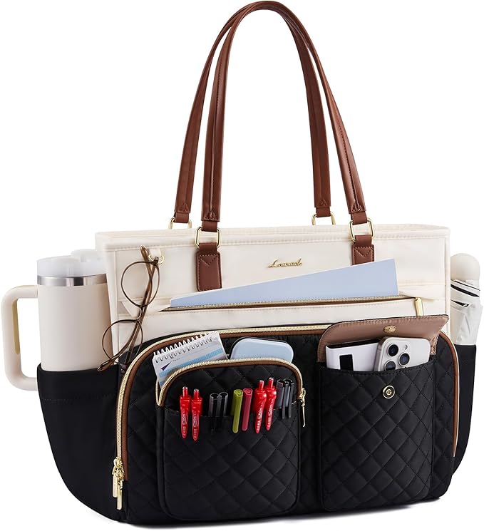 LOVEVOOK Teacher Tote Bag for Women Work, Laptop Bag with Large Cup Holder, Nurse Bag with Multi Pocket, Water-Resistant Business Travel Computer Briefcase Handbag Diaper Bag Mother Gift, 15.6 Inch
