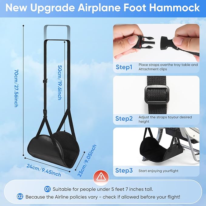 Airplane Foot Hammock, 2-Pack Travel Essentials Foot Rest for Plane Travel with Adjustment Strap, Long Flight Must Haves