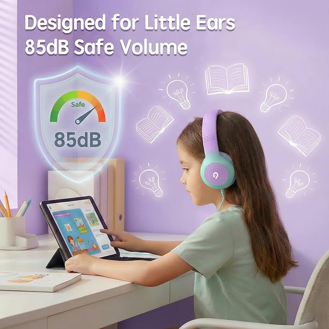 ADOOPE Wired Kids Headphones with USB C Plug, 85dB Safe Volume, Adjustable Headband, Tangle-Free Cord Headphones for School, Tablet, Travel (Lavender & Mint Green, Without Microphone)