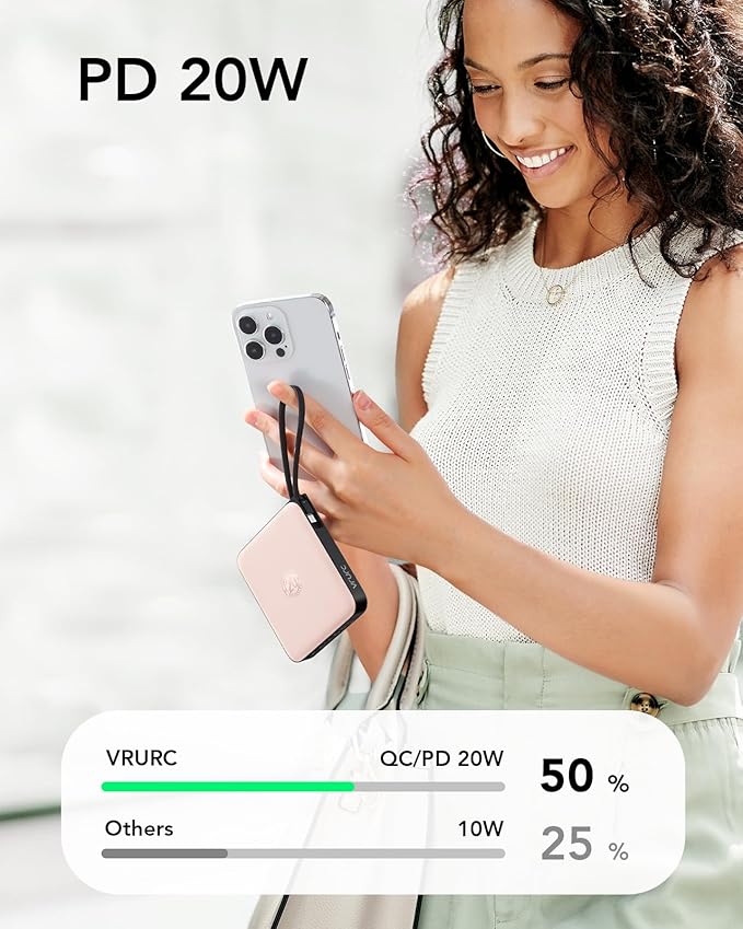 VRURC 20000mAh Power Bank Built-in Cables, Travel Essentials, Portable Charger 22.5W Fast Charging USB C Battery Pack, Phone Battery for iPhone 17 15 14 13 12 11 x Samsung Android Phone,Pink(1 Pack)
