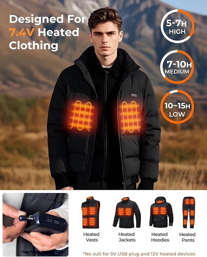Glaais 5V 7.4V 18400mAh Heated Vest Battery Pack Compatible with ORORO, Battery Pack for Heated Vest with LED, Rechargeable Power Bank for TODWARM, for XINSONYUELL, for Vestego, for Weamest
