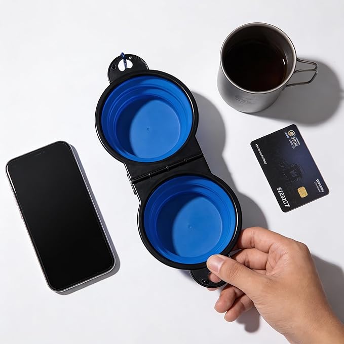 Collapsible Dog Bowls with Carabiner, Double Portable Travel Pet Bowls for Food and Water, Foldable Silicone Dog Bowl for Walking, Hiking, Camping, Small Medium Dogs and Cats, Blue