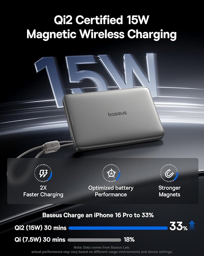 Baseus Picogo Qi2 15W Magsafe Portable Charger, 0.5" Ultra Slim 10000mAh Wireless Power Bank with 27W Built-in USB-C Cable, Magnetic Battery Pack for iPhone 17 Pro Max/17 Pro/Air/16/15/14/13/12