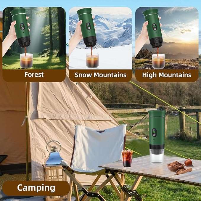 Portable Coffee Maker for Travel & Camping, Portable Espresso Maker with Bag, Rechargeable Cordless Battery Operated Coffee Makers for Ground Coffee, NS Capsule RV, Hiking, Office(Green)